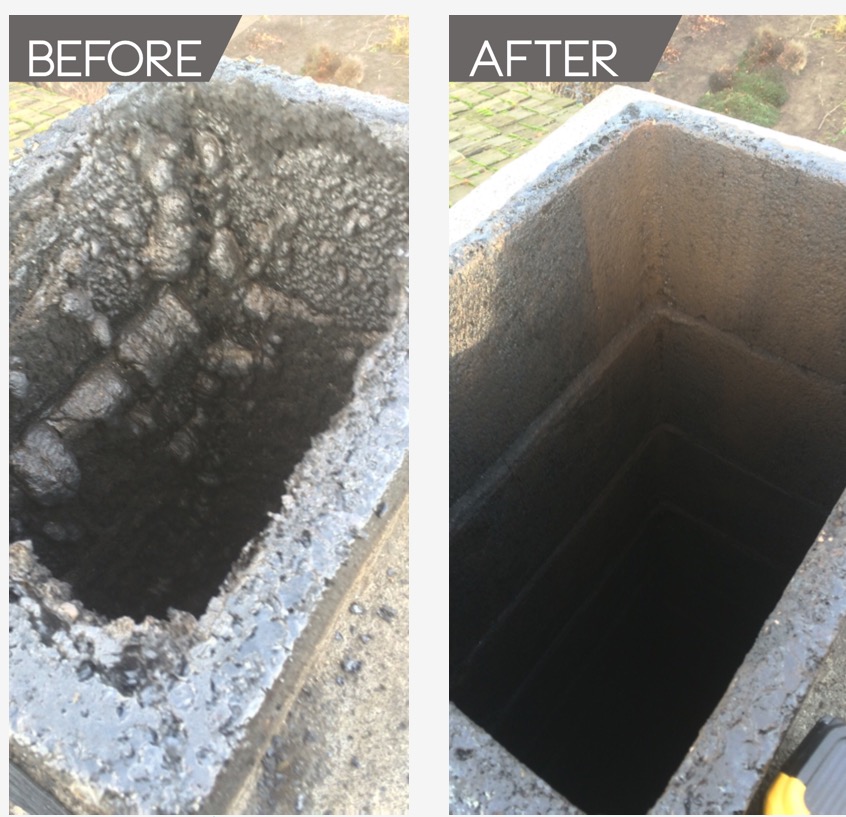 Before and after photos of the same chimney flue: crusted with thick black creosote before, clean masonry after