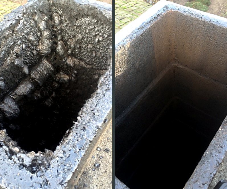 Before and after photos of the same chimney flue: crusted with thick black creosote before, clean masonry after